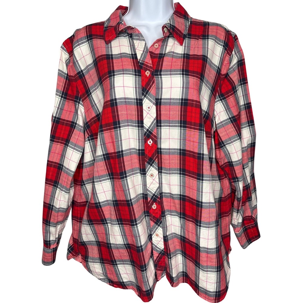 Talbots Womens Red Plaid Button Front Shirt Sz XL Preppy Metallic Gold Detail